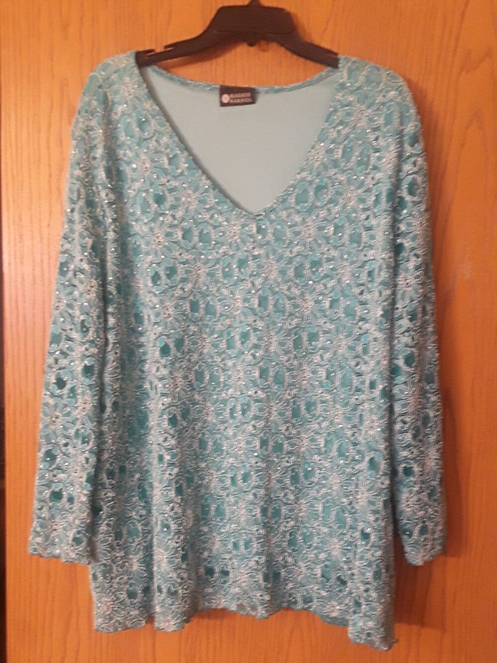 Vintage Maggie Barnes Floral Beaded Faux Crystal Top Teal Bell Sleeve 3X/4X